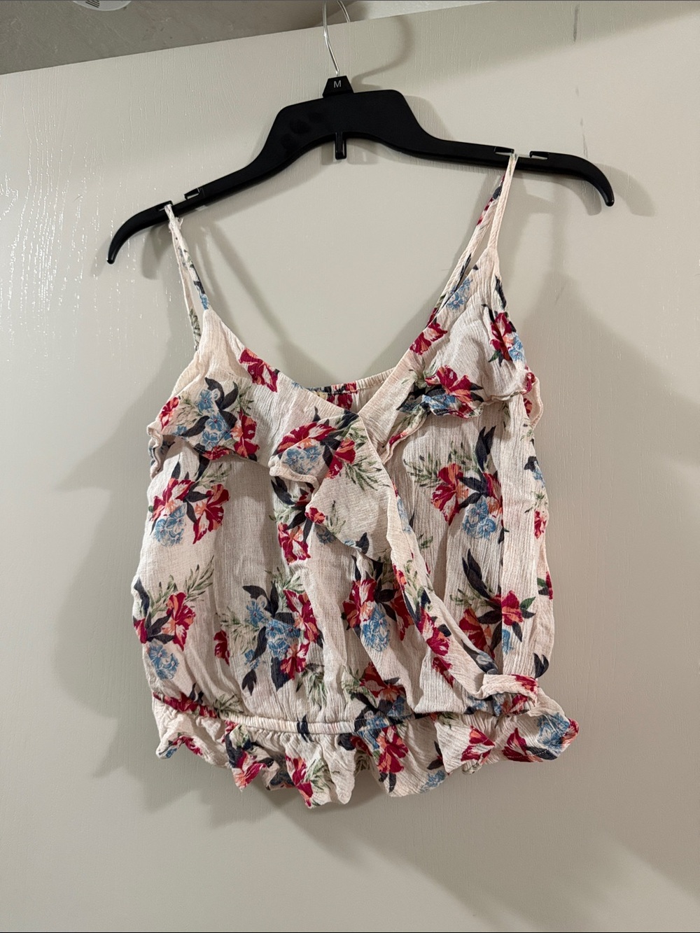 Floral Ruffle Strap Tank Top - White with Red & Blue Flowers
